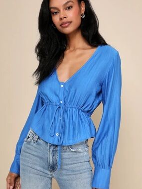 Lulus Cobalt Blue Textured Tie-Front
Long Sleeve XL